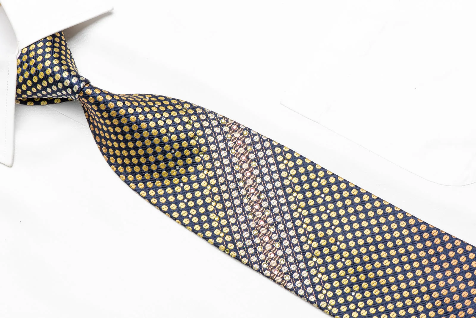 Golden Yellow Geometric Dots On Navy Blue Rhinestone Tie With Sparkles