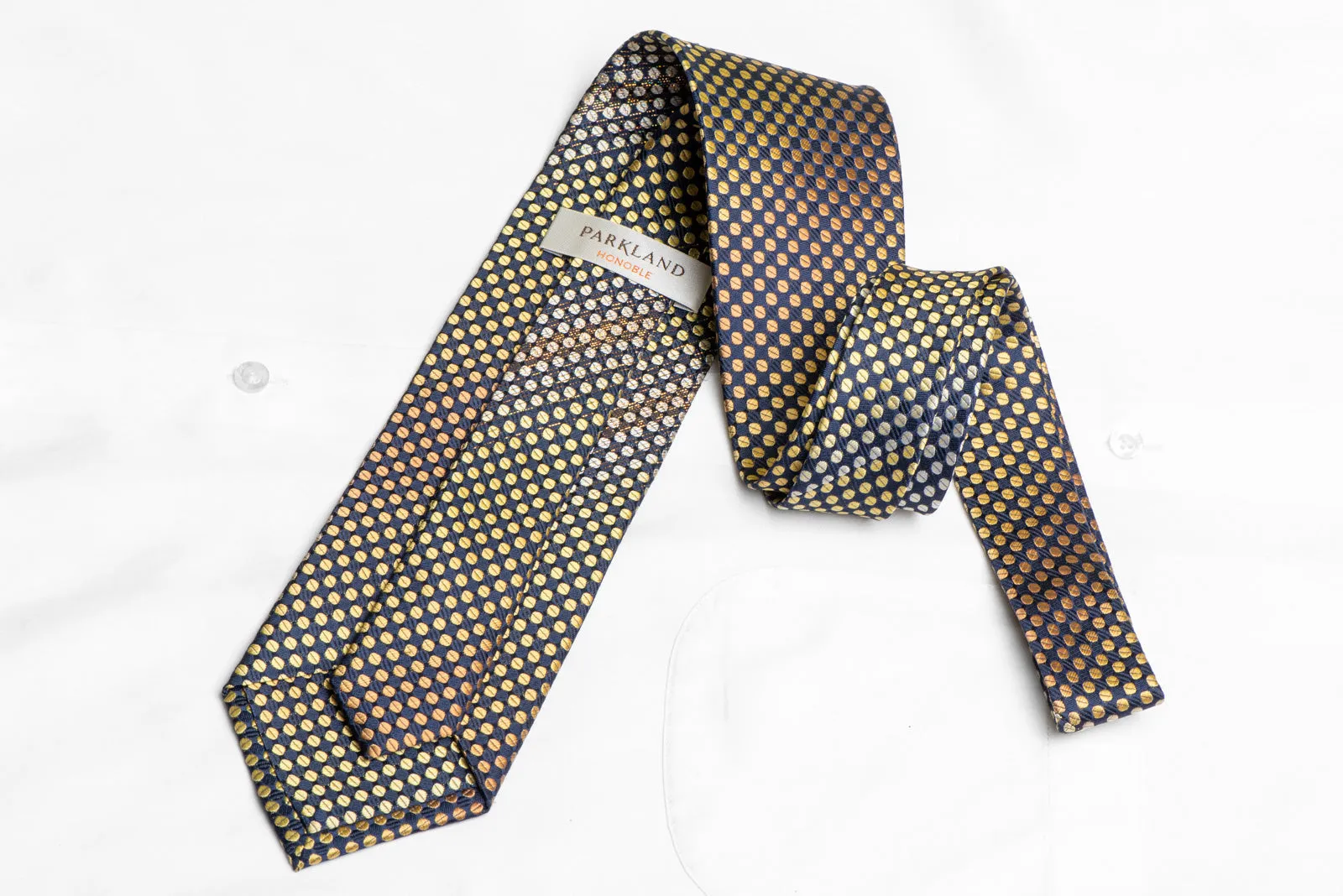 Golden Yellow Geometric Dots On Navy Blue Rhinestone Tie With Sparkles