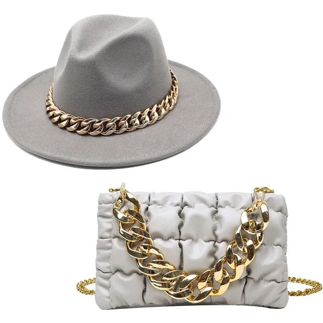 Gray Fedora Hat and Chain Bag Set