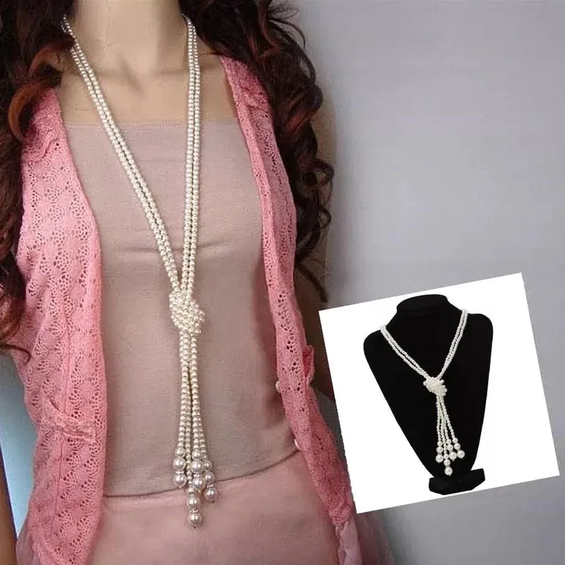 Great Gatsby 1920's Flapper DOUBLE Faux Pearl Knot Necklace - Ivory