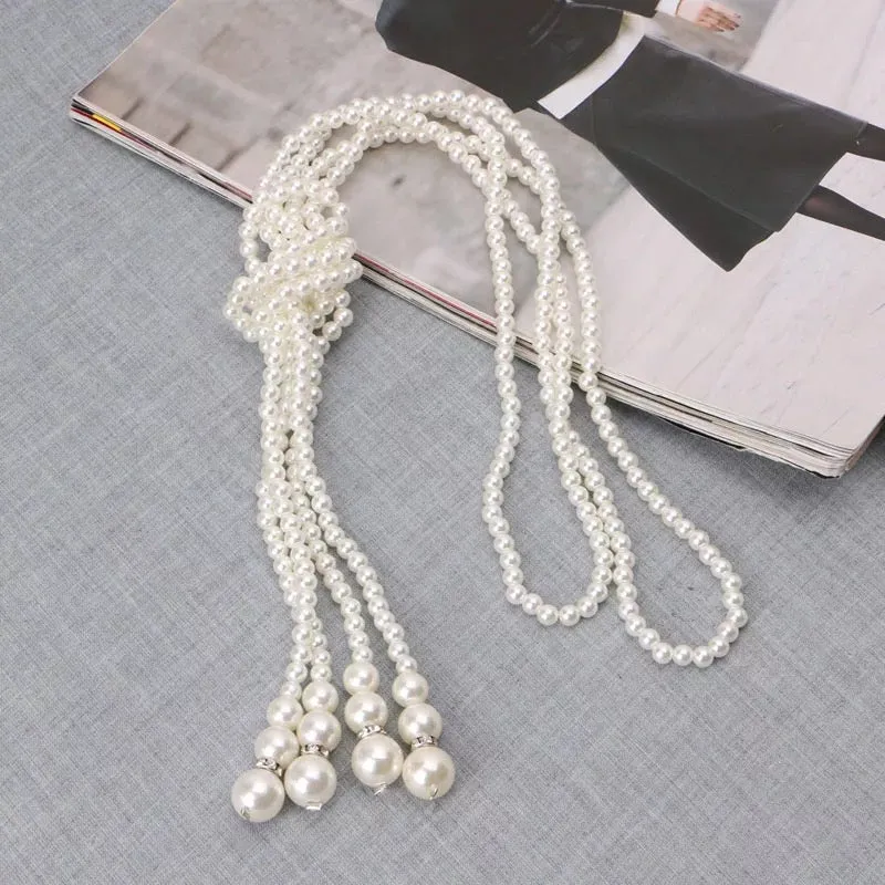 Great Gatsby 1920's Flapper DOUBLE Faux Pearl Knot Necklace - Ivory