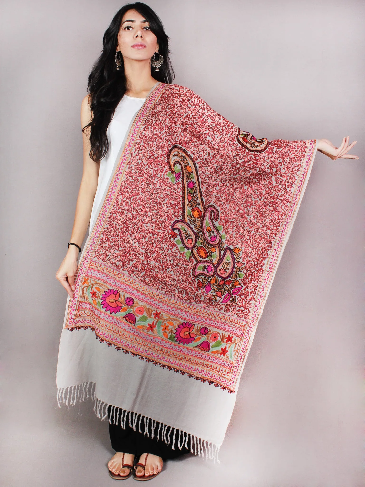 Grey Multi Color Aari Embroidery Pure Wool Stole from Kashmir - S6317075