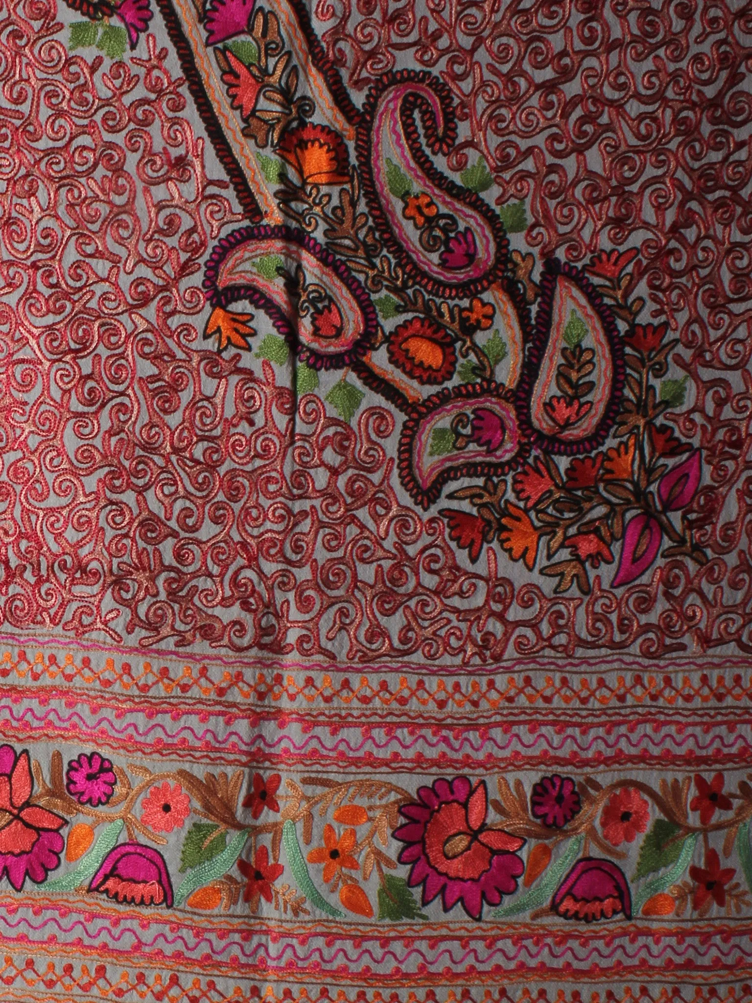 Grey Multi Color Aari Embroidery Pure Wool Stole from Kashmir - S6317075