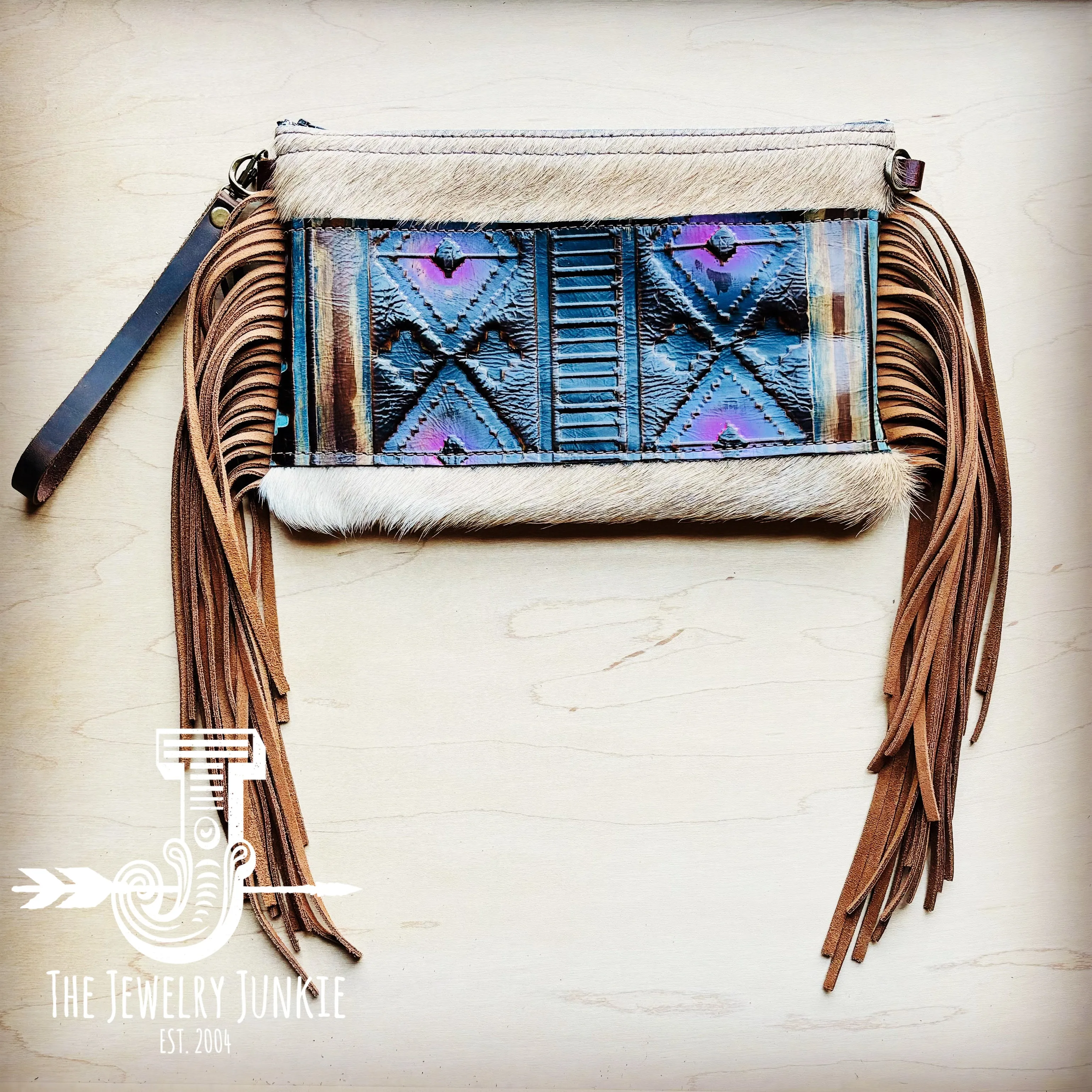 **Hair on Hide Handbag w/ Magenta Navajo Accent & Fringe 513q