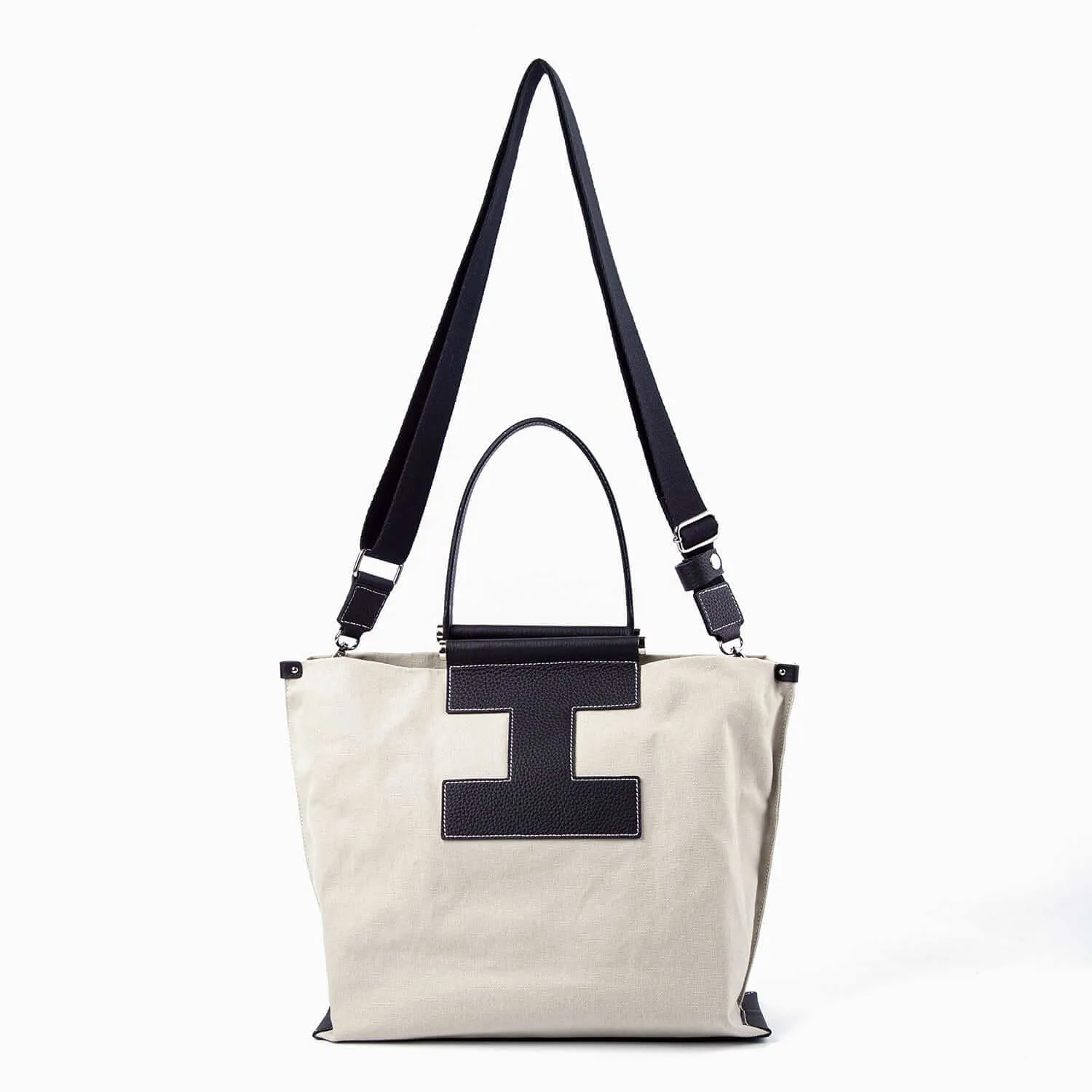 INA - Variety Tote Bag in Leather & Canvas _ Black