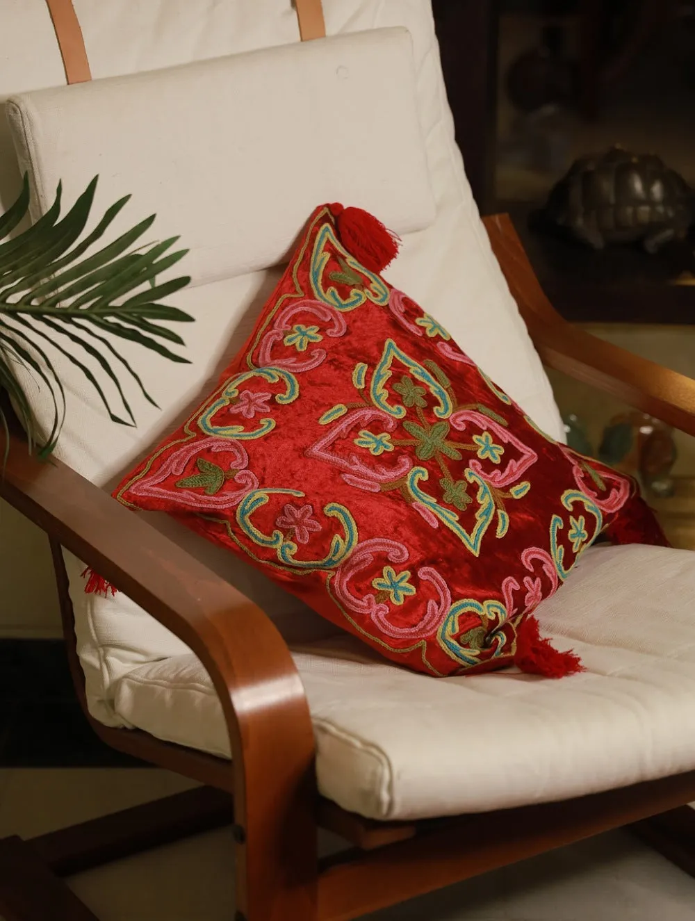 Kashmiri Crewel Work Velvet Cushion Cover - Red Ornate