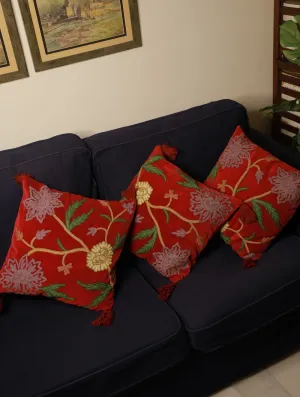 Kashmiri Crewel Work Velvet Cushion Covers - Vivid Red Flora, (Set of 3)