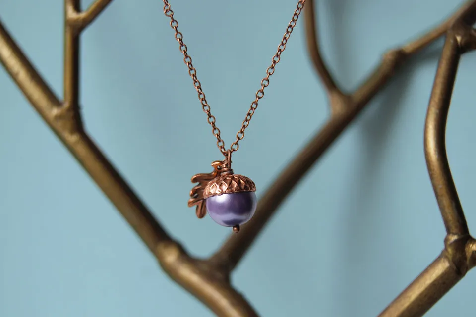 Lilac and Copper Pearl Acorn Necklace | Cute Nature Acorn Charm Necklace | Forest Acorn Necklace | Woodland Pearl Acorn | Nature Jewelry