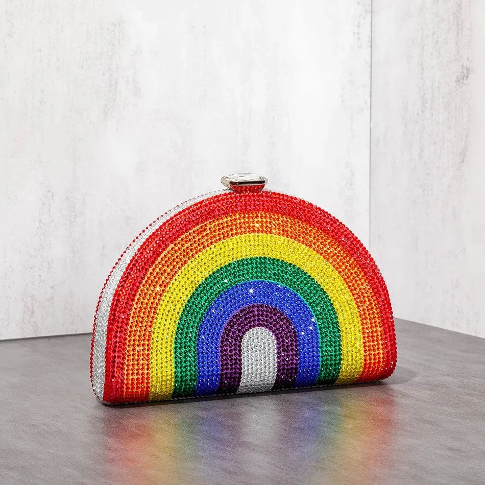 Luxy Moon Rhinestone Clutch Rainbow Half Moon Purse