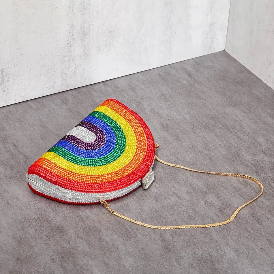 Luxy Moon Rhinestone Clutch Rainbow Half Moon Purse