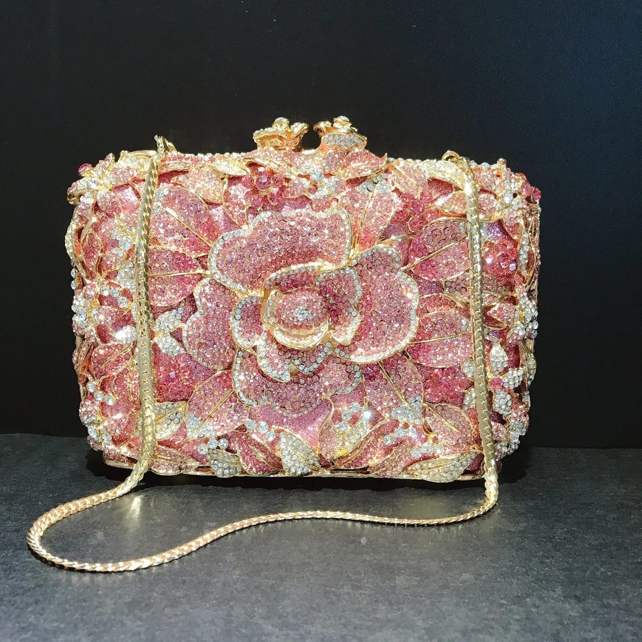 Luxy Moon Sparkling Flower Clutch Gold Pink Purse For Wedding