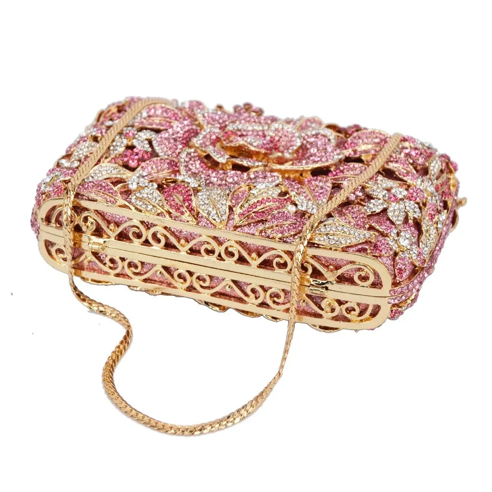 Luxy Moon Sparkling Flower Clutch Gold Pink Purse For Wedding