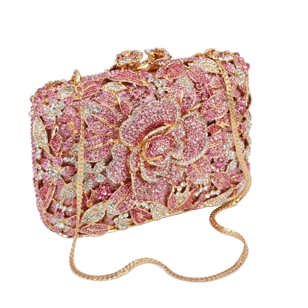 Luxy Moon Sparkling Flower Clutch Gold Pink Purse For Wedding