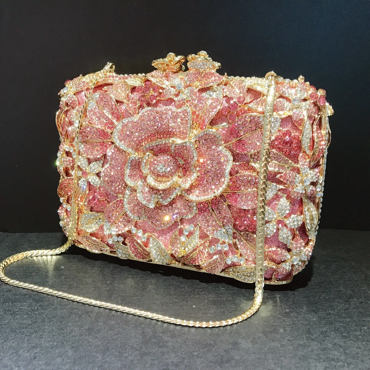 Luxy Moon Sparkling Flower Clutch Gold Pink Purse For Wedding