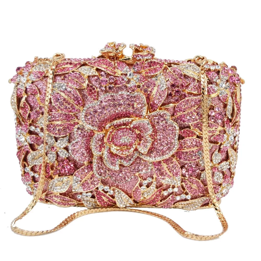 Luxy Moon Sparkling Flower Clutch Gold Pink Purse For Wedding