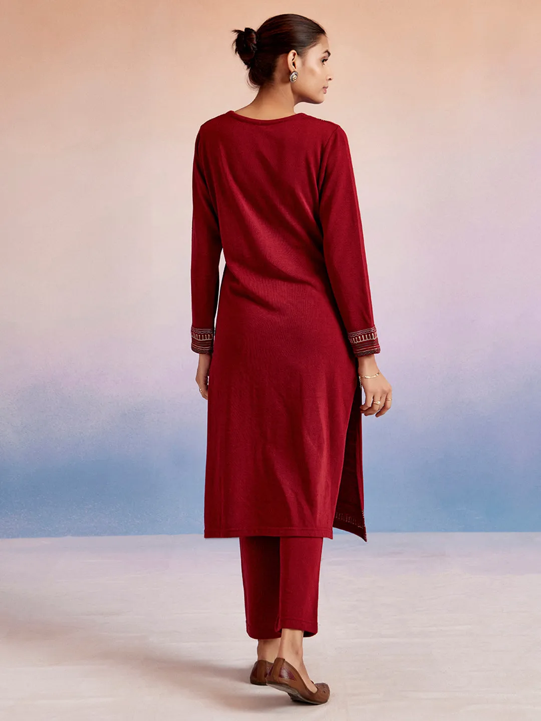 Maroon Embroidered Straight Woolen Kurta