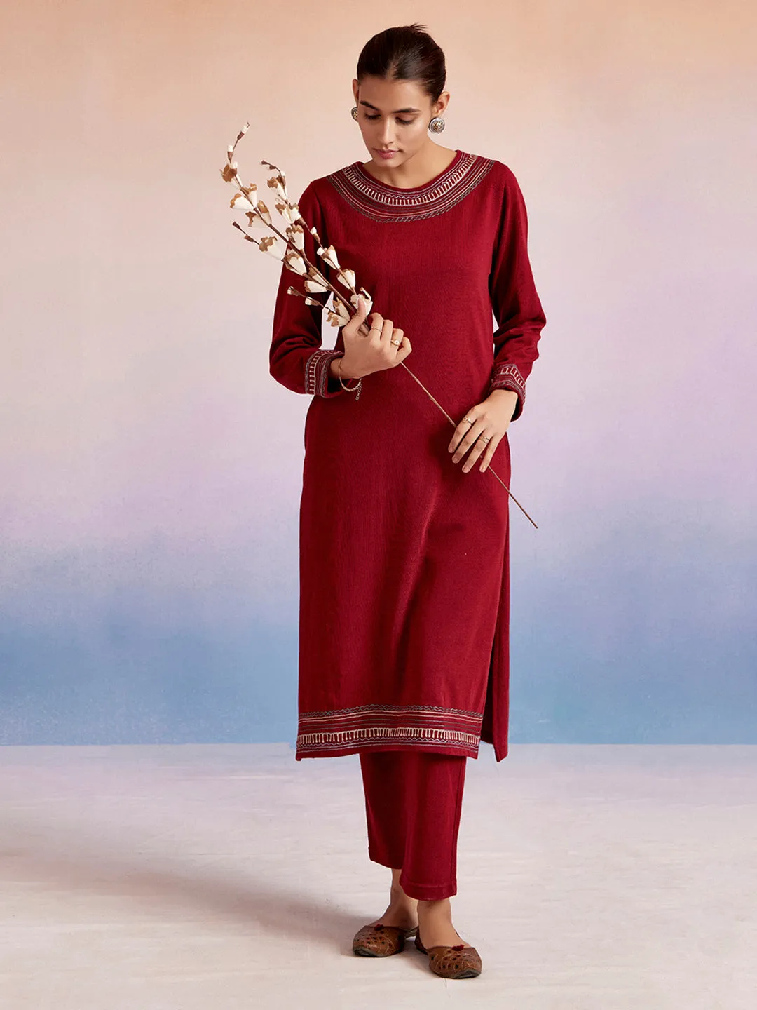 Maroon Embroidered Straight Woolen Kurta