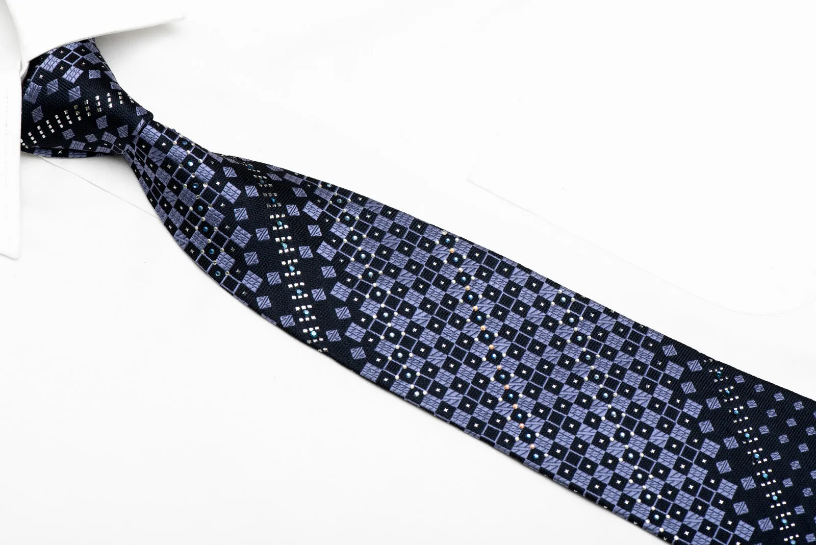 Mauve Geometric On Navy Rhinestone Silk Necktie With Silver Sparkles