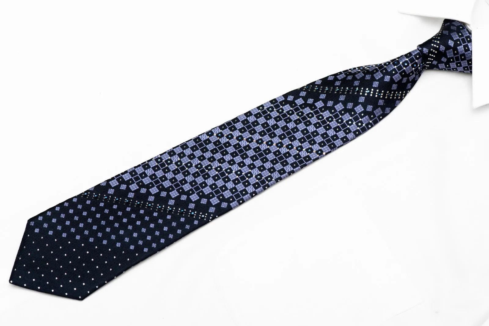 Mauve Geometric On Navy Rhinestone Silk Necktie With Silver Sparkles