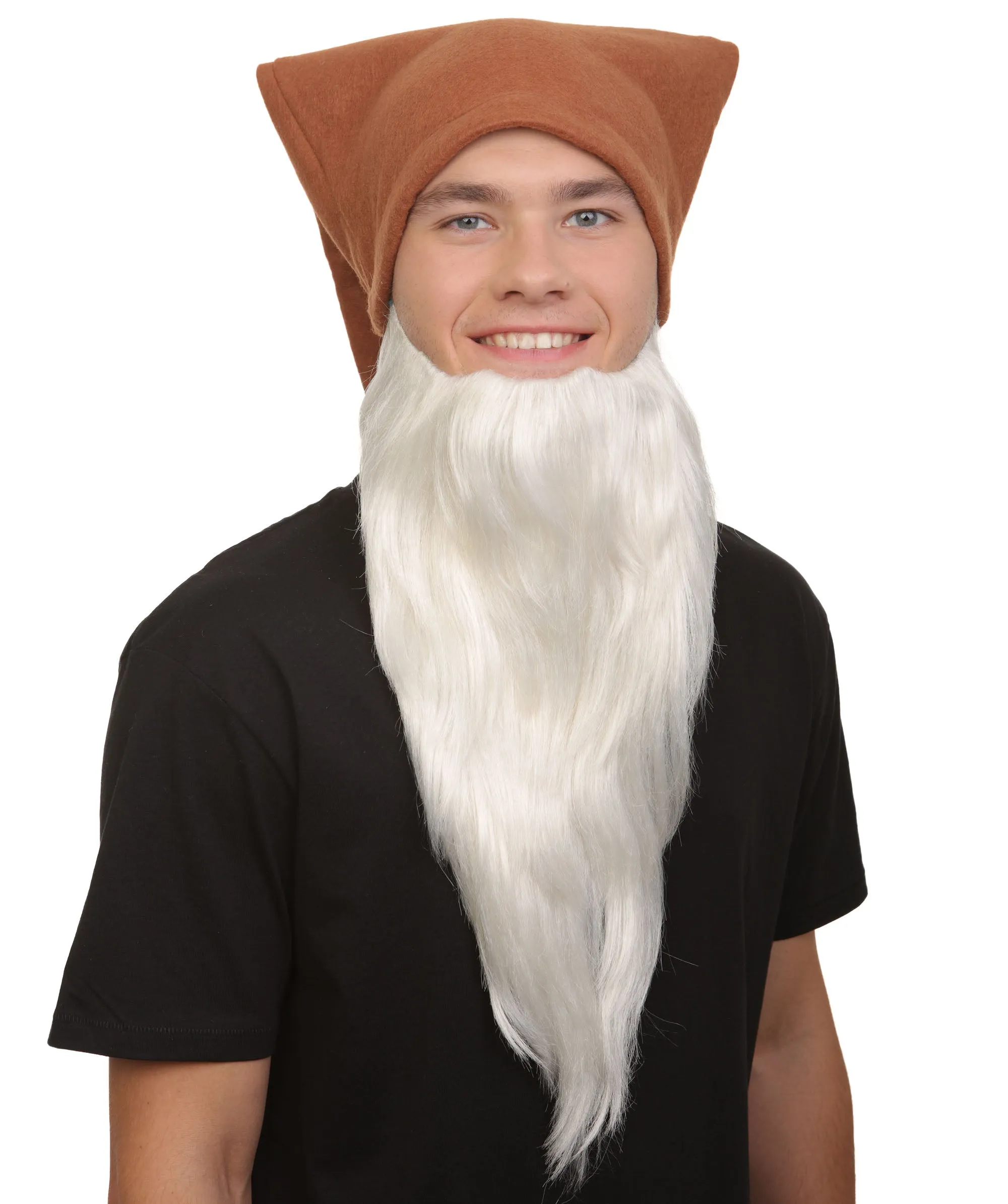 Men’s Classic Animated Snowy White Dwarf Cartoon Beard with Brown Hat | Flame-retardant Synthetic Fiber