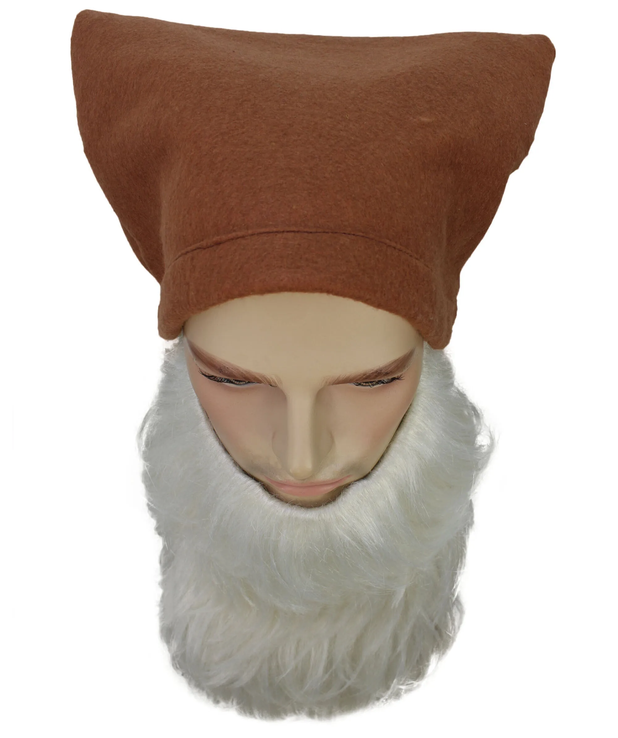 Men’s Classic Animated Snowy White Dwarf Cartoon Beard with Brown Hat | Flame-retardant Synthetic Fiber