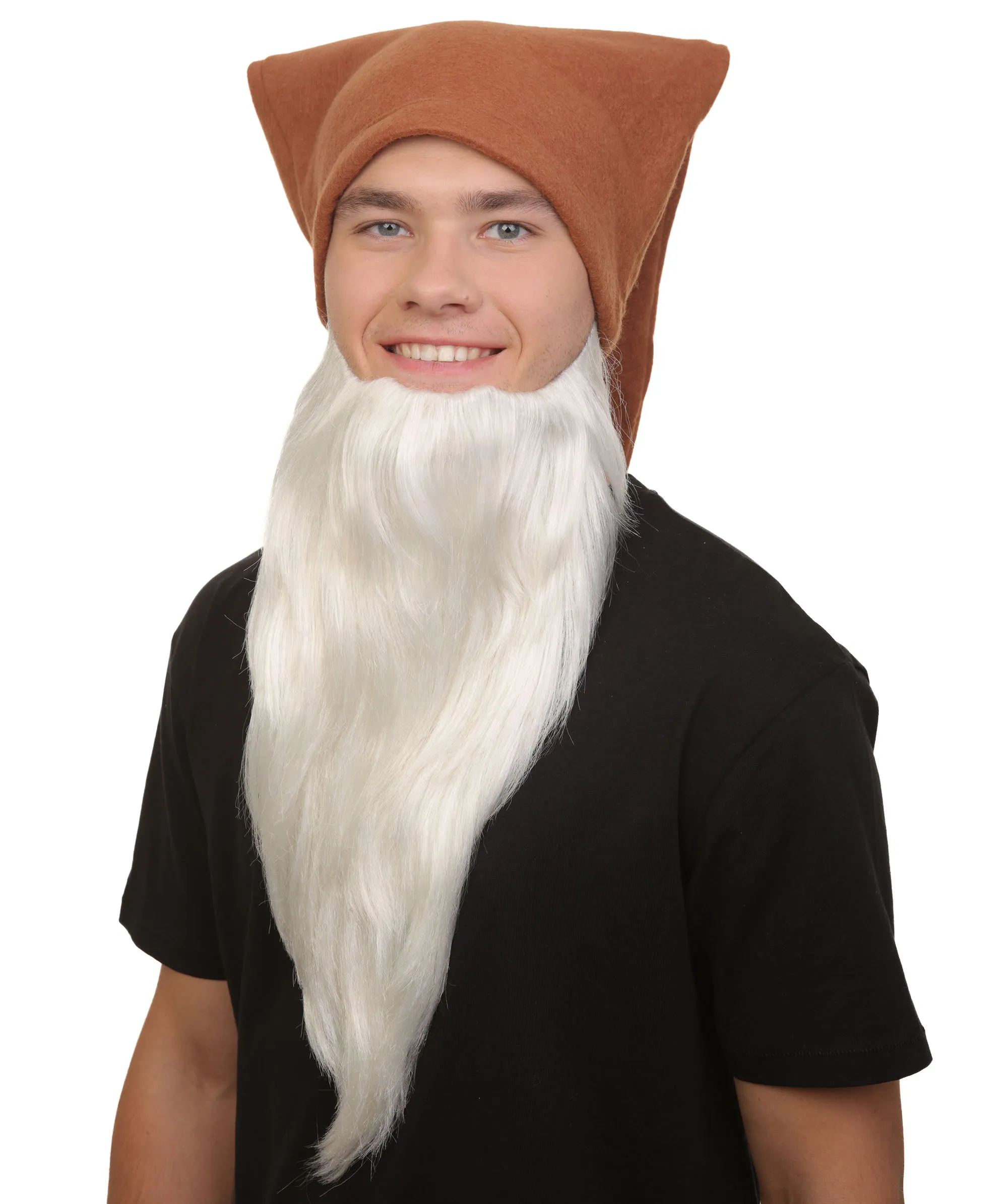 Men’s Classic Animated Snowy White Dwarf Cartoon Beard with Brown Hat | Flame-retardant Synthetic Fiber