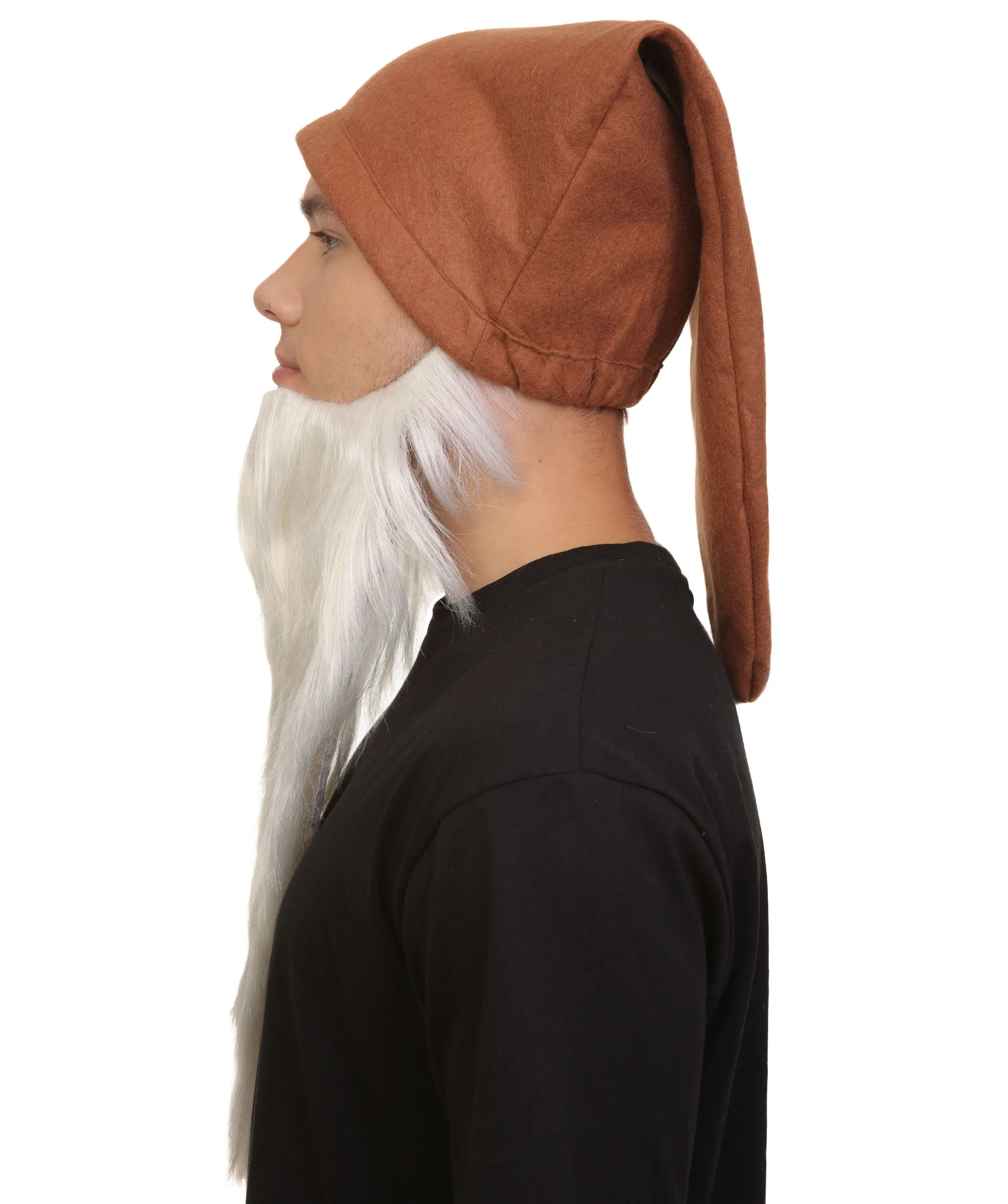 Men’s Classic Animated Snowy White Dwarf Cartoon Beard with Brown Hat | Flame-retardant Synthetic Fiber