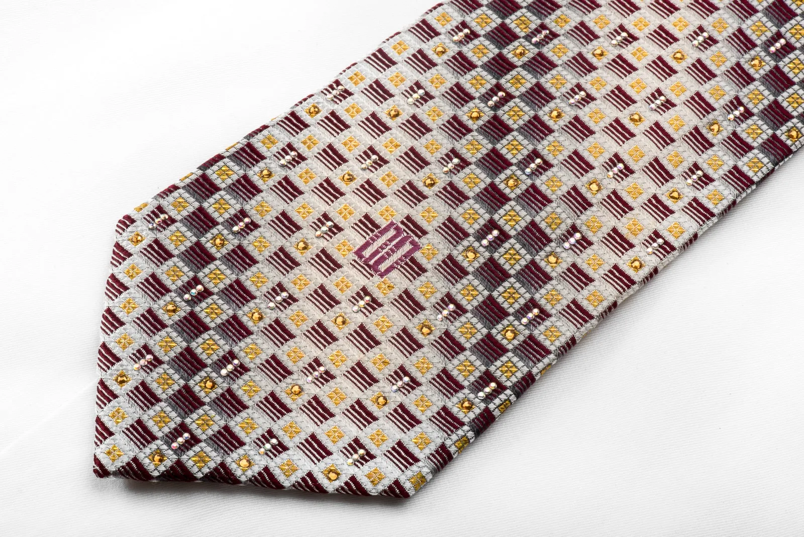 Men's Crystal Necktie Burgundy Silver Checkered Sparkling With Rhinestones