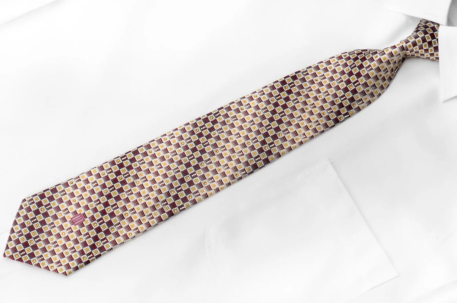 Men's Crystal Necktie Burgundy Silver Checkered Sparkling With Rhinestones