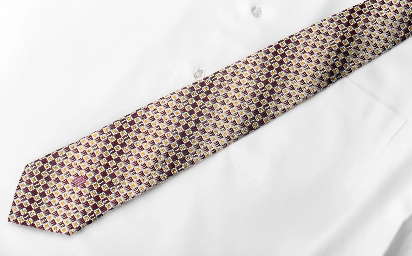 Men's Crystal Necktie Burgundy Silver Checkered Sparkling With Rhinestones