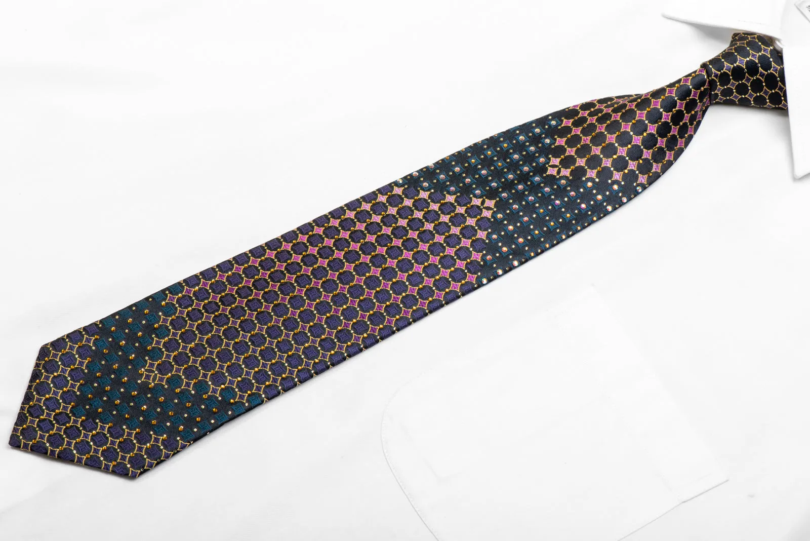 Men's Rhinestone Silk Necktie Gold Purple Geometric On Black With Sparkles