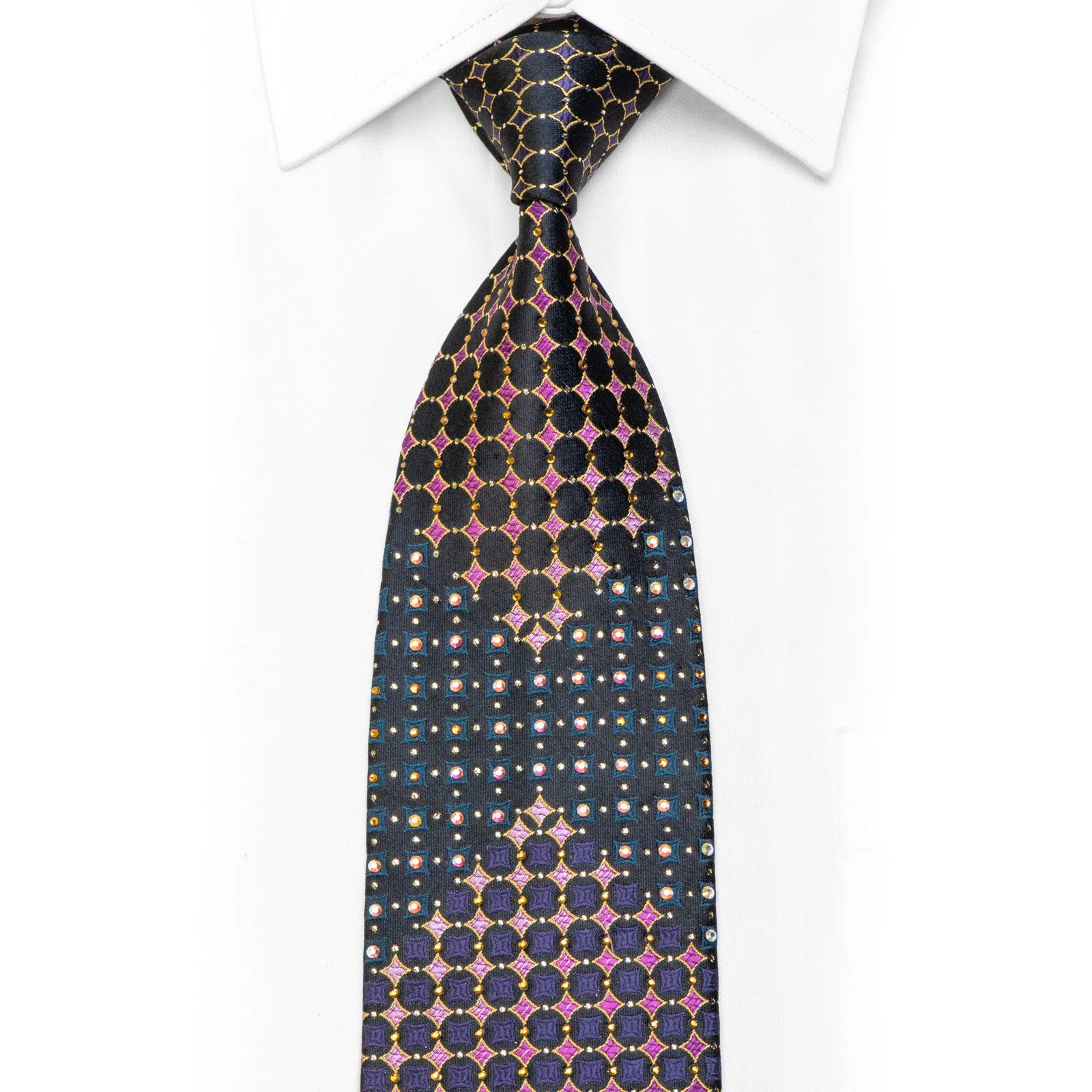 Men's Rhinestone Silk Necktie Gold Purple Geometric On Black With Sparkles