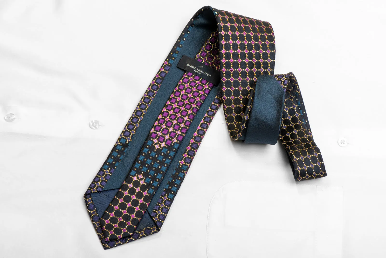 Men's Rhinestone Silk Necktie Gold Purple Geometric On Black With Sparkles