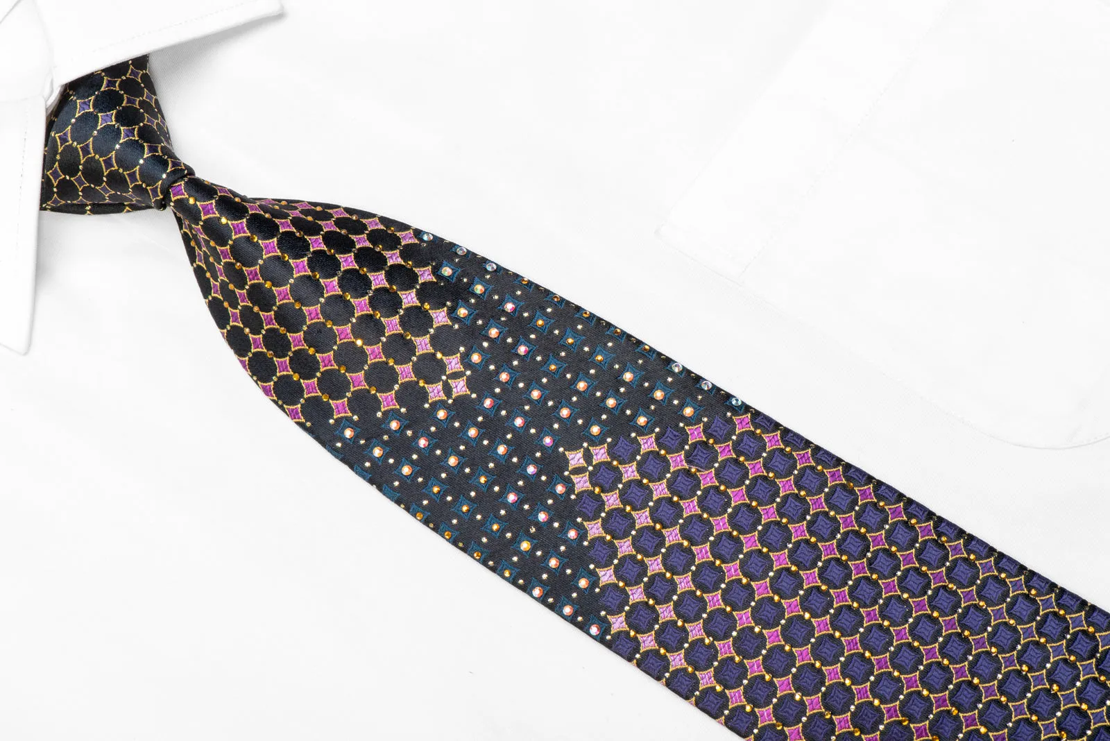 Men's Rhinestone Silk Necktie Gold Purple Geometric On Black With Sparkles