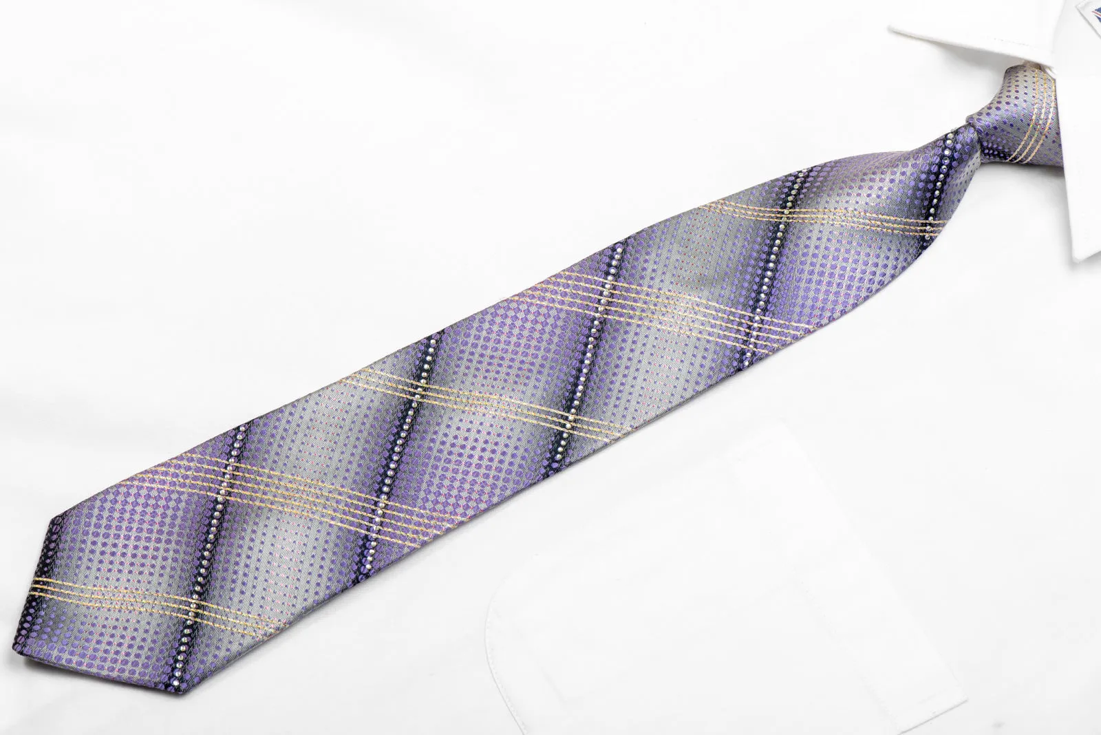 Mens Silk Necktie Silver Striped & Mauve Dots On Silver With Rhinestones