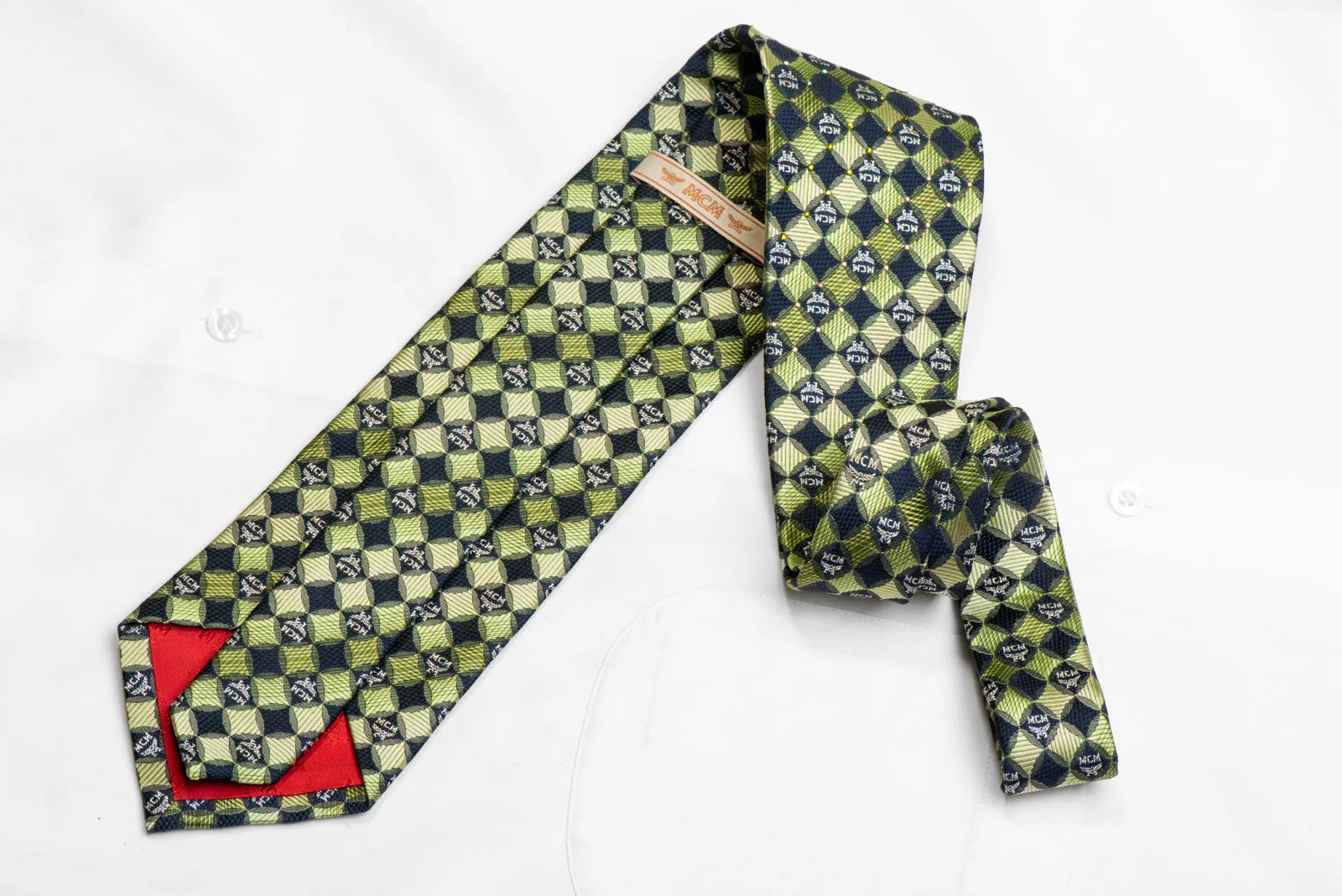 Navy Green Geometric Rhinestone Silk Necktie With Silver Sparkles