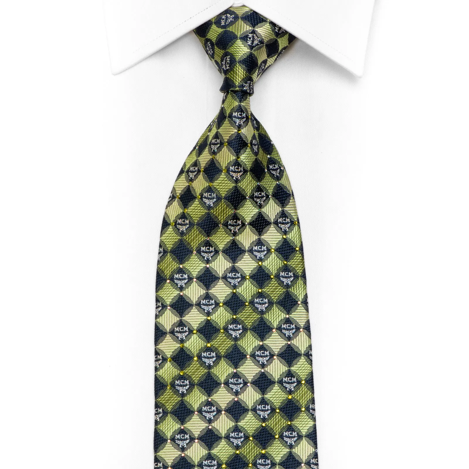 Navy Green Geometric Rhinestone Silk Necktie With Silver Sparkles