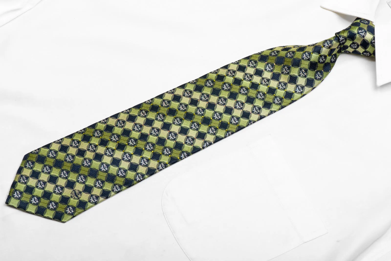 Navy Green Geometric Rhinestone Silk Necktie With Silver Sparkles