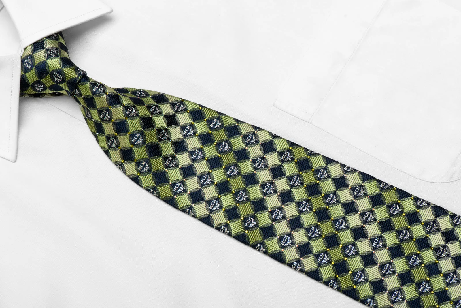 Navy Green Geometric Rhinestone Silk Necktie With Silver Sparkles