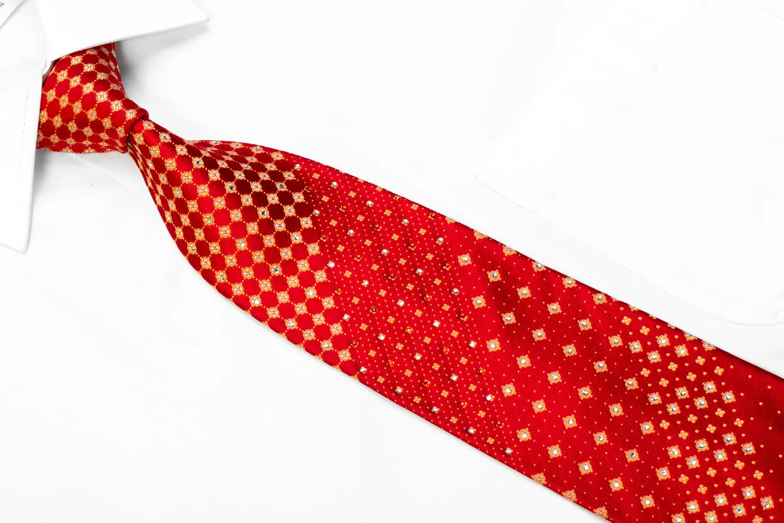 Nina Ricci Rhinestone Silk Necktie Orange Trellis On Dark Red