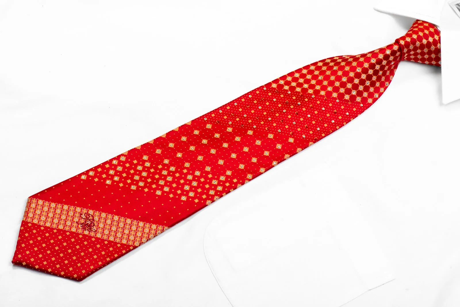 Nina Ricci Rhinestone Silk Necktie Orange Trellis On Dark Red