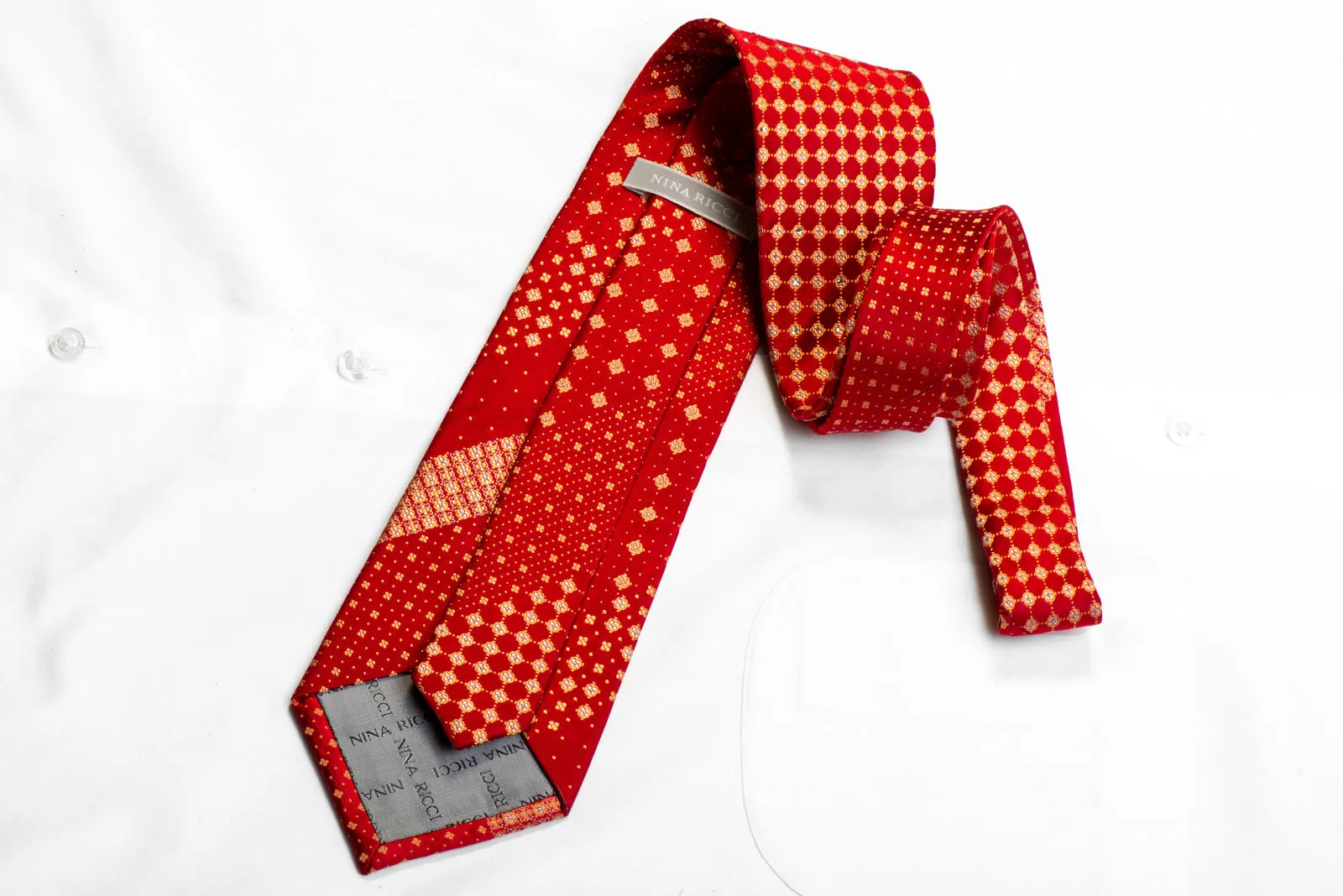 Nina Ricci Rhinestone Silk Necktie Orange Trellis On Dark Red