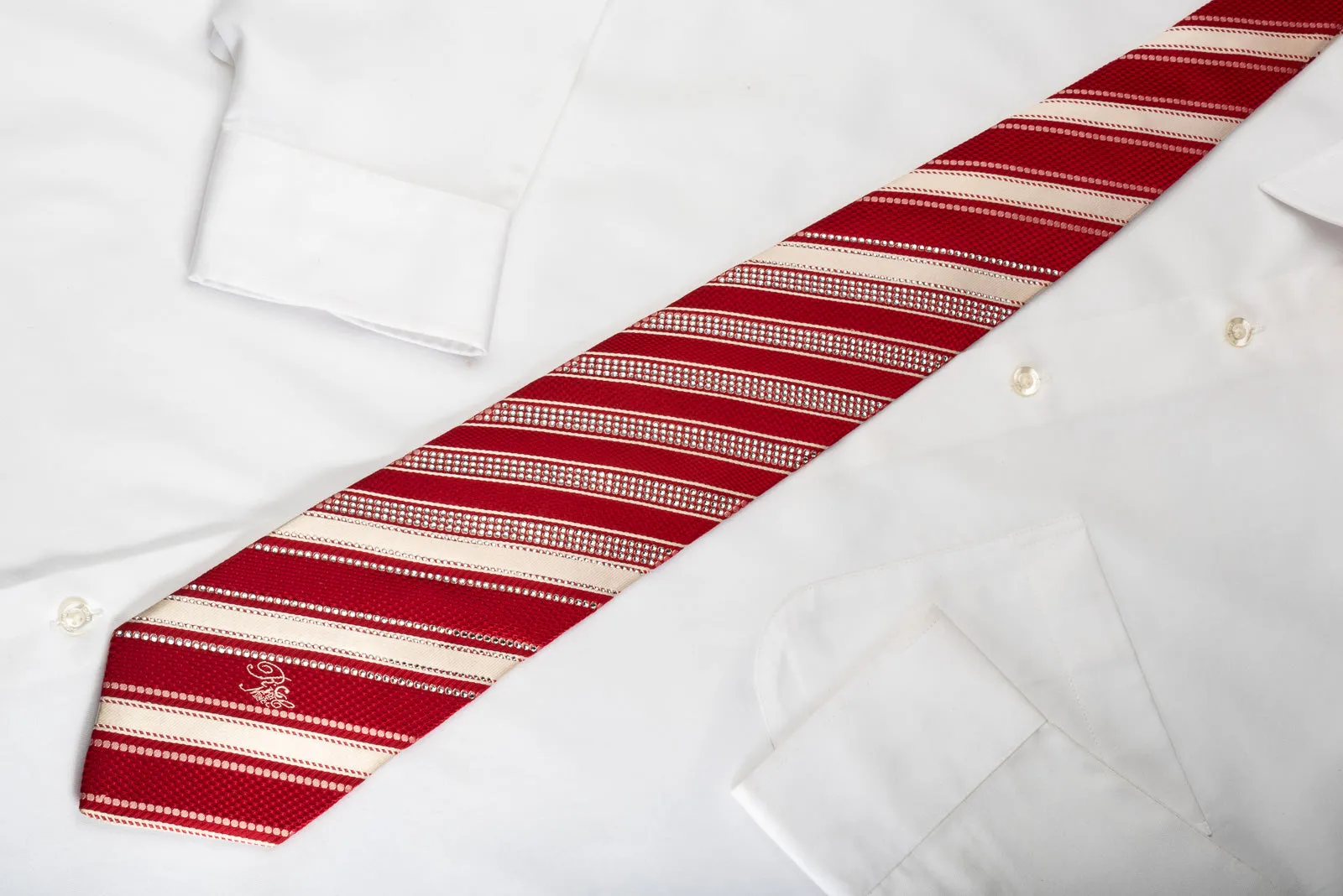 Nina Ricci Rhinestone Silk Tie Red Cream White Striped With Striped Crystals