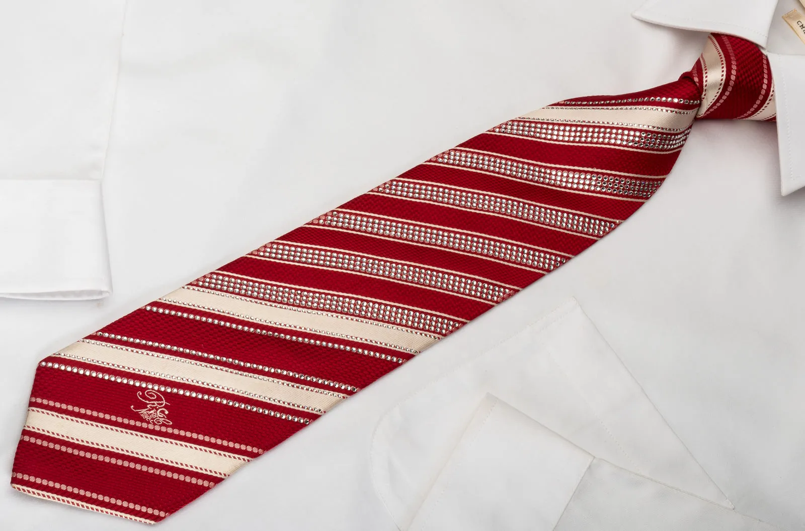 Nina Ricci Rhinestone Silk Tie Red Cream White Striped With Striped Crystals