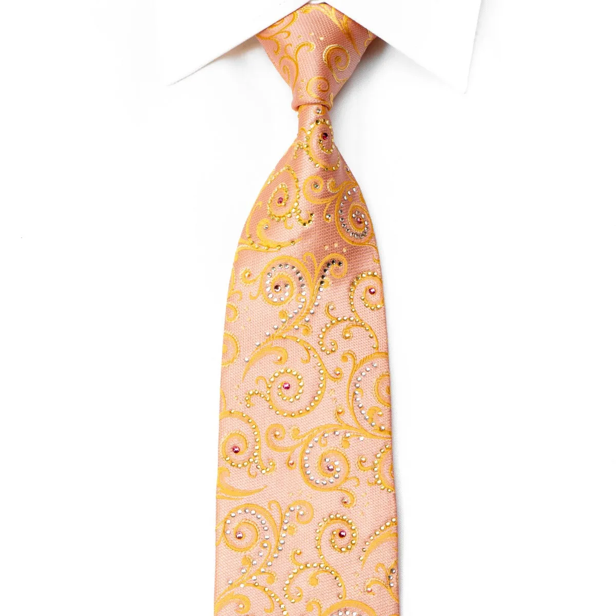 Orange Scrolls On Peach Rhinestone Silk Necktie With Gold Sparkles