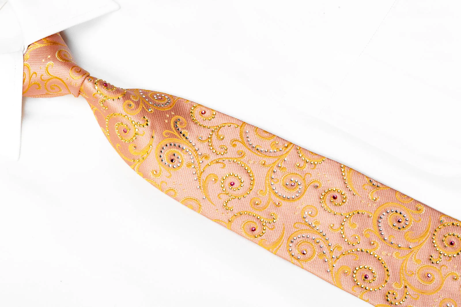 Orange Scrolls On Peach Rhinestone Silk Necktie With Gold Sparkles