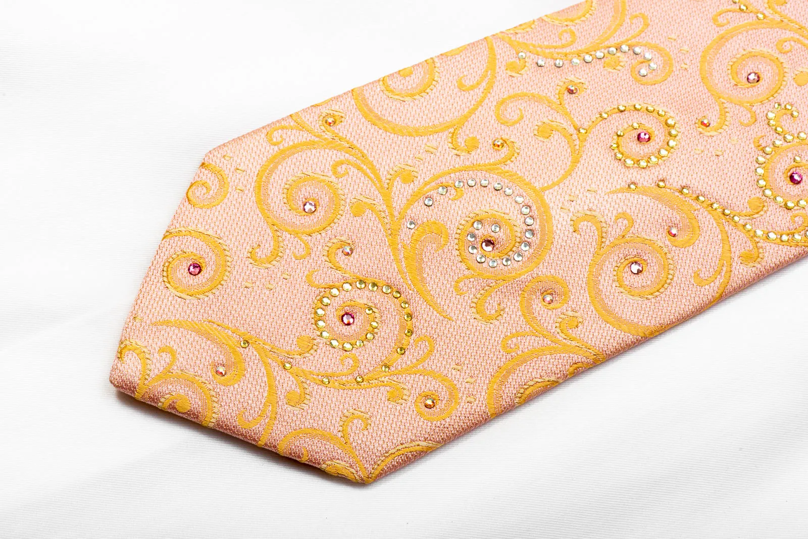 Orange Scrolls On Peach Rhinestone Silk Necktie With Gold Sparkles