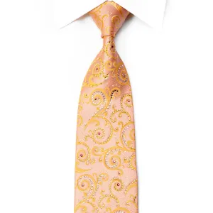 Orange Scrolls On Peach Rhinestone Silk Necktie With Gold Sparkles