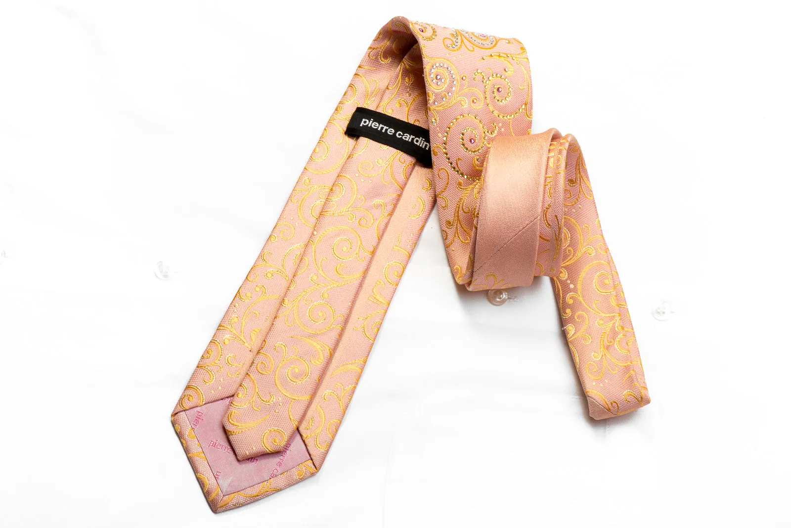 Orange Scrolls On Peach Rhinestone Silk Necktie With Gold Sparkles