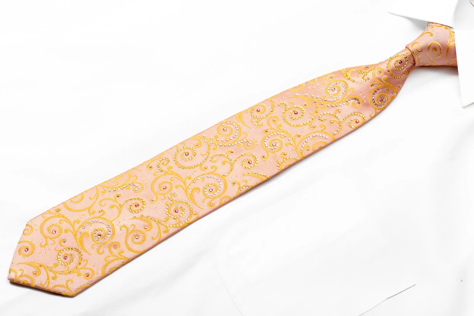 Orange Scrolls On Peach Rhinestone Silk Necktie With Gold Sparkles